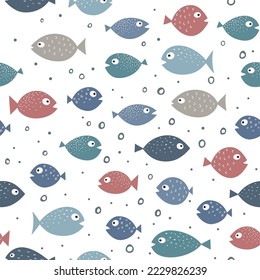 Seamless pattern with cute colorful fish. Simple flat vector illustration. Can be used for decoration of textile, paper, children's clothing, etc.