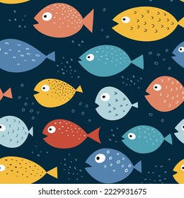 Seamless pattern with cute colorful fish. Simple flat vector illustration. Can be used for decoration of textile, paper, children's clothing, etc.
