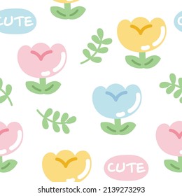 Seamless pattern of cute colorful flower with leaf cartoon.White background.Nature.Repeat.Kawaii.Vector.Illustration.