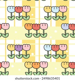 Seamless pattern of cute colorful flower cartoon hand drawn background.Nature.Floral.Leaf.Kawaii.Vector.Illustration.