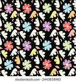 Seamless pattern with cute colorful flowers, berries end leaves on dark background. Vector illustration