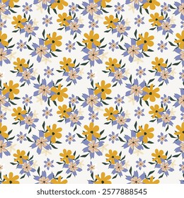 Seamless pattern with cute colorful flowers, leaves