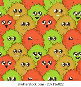 seamless pattern with cute colorful fluffy monsters