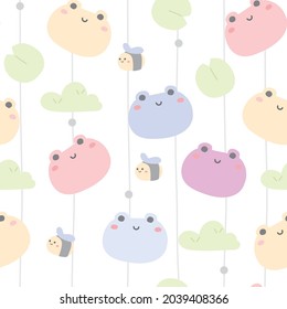 Seamless pattern of cute colorful frog face cartoon on white background.Animal character design.Kawaii.Pastel color.Image for baby cloth,wallpaper,card,banner.Art.Vector.Illustration.