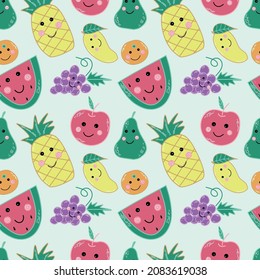Seamless pattern with cute colorful fruit illustrations. 