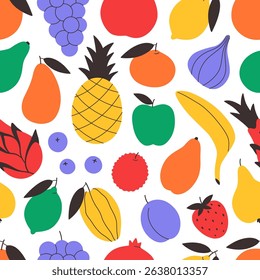 Seamless pattern with cute colorful fruits. Tropical and exotic fruits seamless pattern. Design for banner, wallpaper, textile, wrapping paper, background, cards. Vector illustration in flat style