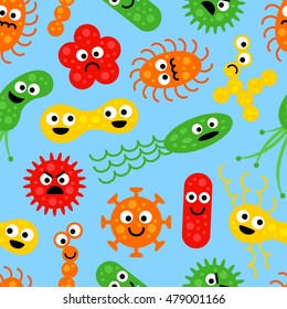 Seamless pattern with cute colorful funny bacterias (germs) in flat cartoon style on blue background. Art vector illustration.