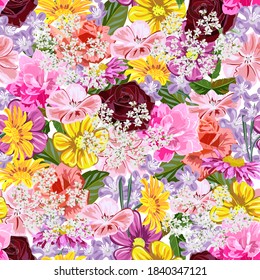 Seamless pattern with cute colorful garden flowers. Flower background for textile, cover, wallpaper, gift packaging, printing.Romantic design for calico, silk.