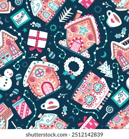 Seamless pattern with cute colorful gingerbread houses, presents and Christmas trees on a dark blue background. Repeated surface vector design.