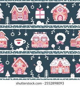 Modelo inconsútil con las casas coloridas lindas del jengibre, los árboles de Navidad y los regalos en rayas azules oscuras. Diseño de Vector de superficie repetido.