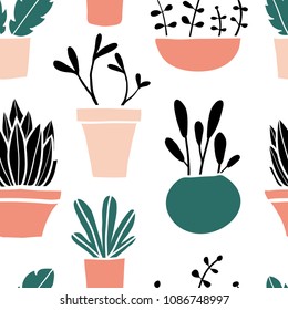 Seamless pattern with cute colorful hand drawn flower pots. Flat style, doodle home plants. Botany illustration. Vector. Isolated