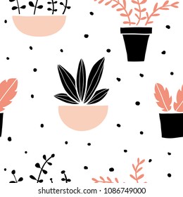 Seamless pattern with cute colorful hand drawn flower pots and dots. Flat style, doodle home plants. Botany illustration. Vector. Isolated