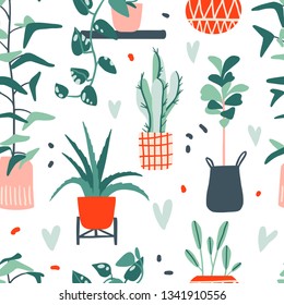 Seamless pattern with cute colorful hand drawn flower pots and hearts. Flat doodle plants. Botany hand drawn illustrations of gardening. Urban jungle texture. Spring time. Natural trendy home decor