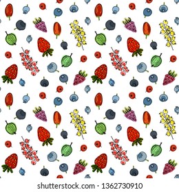 Seamless pattern with cute colorful hand drawn berries. Vector illustration