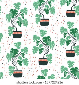 Seamless pattern with cute colorful hand drawn flower pots and geometric shapes. Flat style, doodle home plants. Botany illustration. Vector. Isolated - Vector