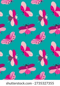 seamless pattern cute colorful hand drawn flying bugs ladybugs turquoise insects vector background kids fabric wallpaper decor