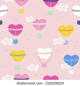 Seamless pattern with cute colorful hot air balloons. Pastel fantasy print. Vector hand drawn illustration. 