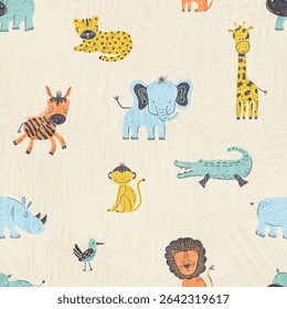 Seamless pattern with cute, colorful illustrated safari animals like a lion, elephant, zebra, and giraffe on a light textured background. Kids jungle theme vector design for pre-school age.
