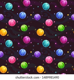Seamless pattern with cute colorful jelly planets. Sweet space texture. Vector candy background.