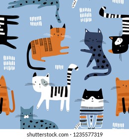 Seamless pattern with cute colorful Kittens. Creative childish texture. Great for fabric, textile Vector Illustration