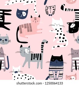 Seamless pattern with cute colorful Kittens. Creative childish pink texture. Great for fabric, textile Vector Illustration