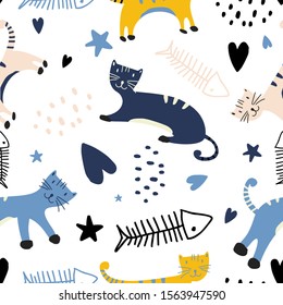 Seamless pattern with cute colorful Kittens. Creative childish white background texture. Great for fabric, textile Vector Illustration