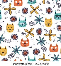 Seamless pattern with cute colorful Kittens. Cat animal cartoon childish hand drawn with floral decoration. Great for fabric, textile Vector Illustration