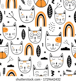 Seamless pattern with cute colorful Kittens scandinavian drawing. Creative childish hand drawn unique style. Good for baby and kids fashion textile print. Vector illustration element fabric ready.