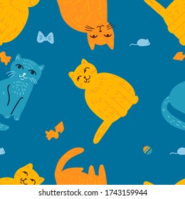 Seamless pattern with cute colorful Kittens. Creative childish pink texture. Great for fabric, textile Vector. Illustration in flat cartoon style