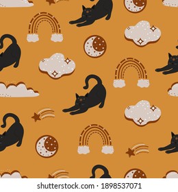 Seamless pattern with cute colorful Kittens, rainbows and clouds. Creative baby yellow texture. Great for fabric, textile vector illustration