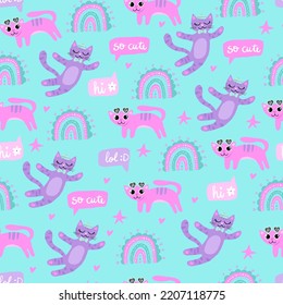Seamless pattern with cute colorful kittens and rainbow. Creative childish texture. Great for fabric, textile vector illustration