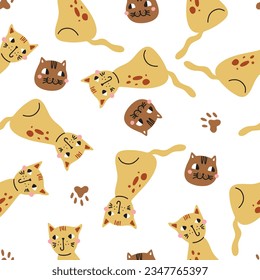 Seamless pattern with cute colorful Kittens. Creative childish pink texture. Great for fabric, textile Vector Illustration
