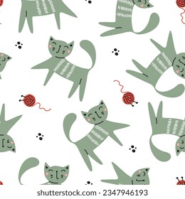 Seamless pattern with cute colorful Kittens. Creative childish pink texture. Great for fabric, textile Vector Illustration