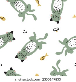 Seamless pattern with cute colorful Kittens. Creative childish pink texture. Great for fabric, textile Vector Illustration