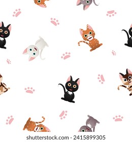 Seamless pattern with cute colorful Kittens. Pattern for fabric, vet, shop. Vector Illustration