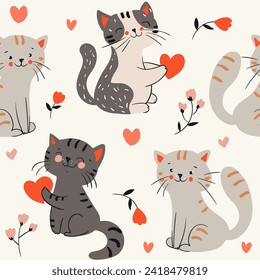 Seamless pattern with cute colorful Kittens. Creative childish pink texture. Great for fabric, textile Vector Illustration