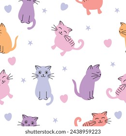 Seamless pattern with cute colorful Kittens,stars and hearts.Cat funny seamless pattern isolated on white background.Colorful vector for kids, flat style.