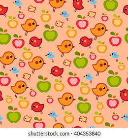 seamless pattern with cute colorful little birds and apples. Summer vector background