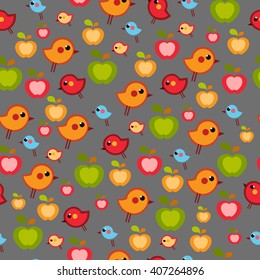 seamless pattern with cute colorful little birds and apples on a gray field. Summer vector background