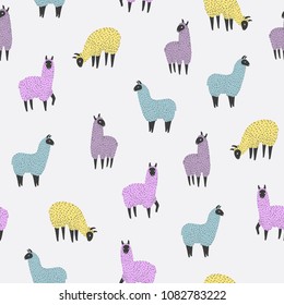 Seamless pattern with cute colorful llama. Vector background with doodle lamas.