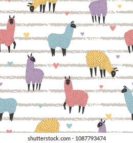 Seamless pattern with cute colorful llama on striped background. Vector lamas illustration.