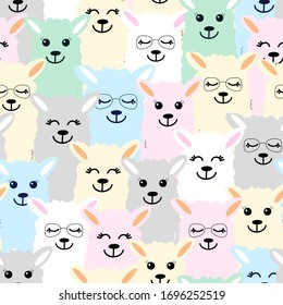 Seamless pattern of cute colorful llamas. Design for postcards, packaging paper, notepads and notebooks, fabric. Cute background.