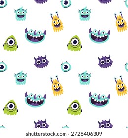 Seamless pattern with cute colorful monster faces in playful flat vector style. Perfect for kids textiles, wallpapers, wrapping paper, stickers, fabrics, apps, games, branding and fun backgrounds