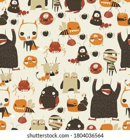 Seamless pattern with cute colorful monsters on white background