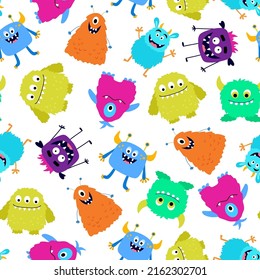 Seamless pattern with cute colorful monsters. Funny cool cartoon fluffy monster, aliens or fantasy animals for childish cards and books. Vector endless pattern on white background.