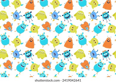 Seamless pattern with cute colorful monsters. Funny cool cartoon fluffy monster for childish cards and books. Vector endless pattern on white background.