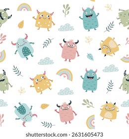 Padrão perfeito com monstros coloridos bonitos. Ilustração vetorial. Para têxteis, embalagens