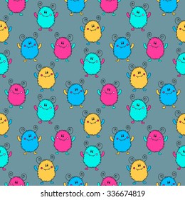 Seamless pattern with cute colorful monsters. Vector hand drawn doodle beast. Fun background for kids.