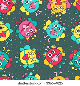 Seamless pattern with cute colorful monsters. Vector hand drawn beast with hearts. Fun background for kids.