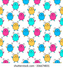 Seamless pattern with cute colorful monsters. Vector hand drawn doodle animals. Fun background for kids.